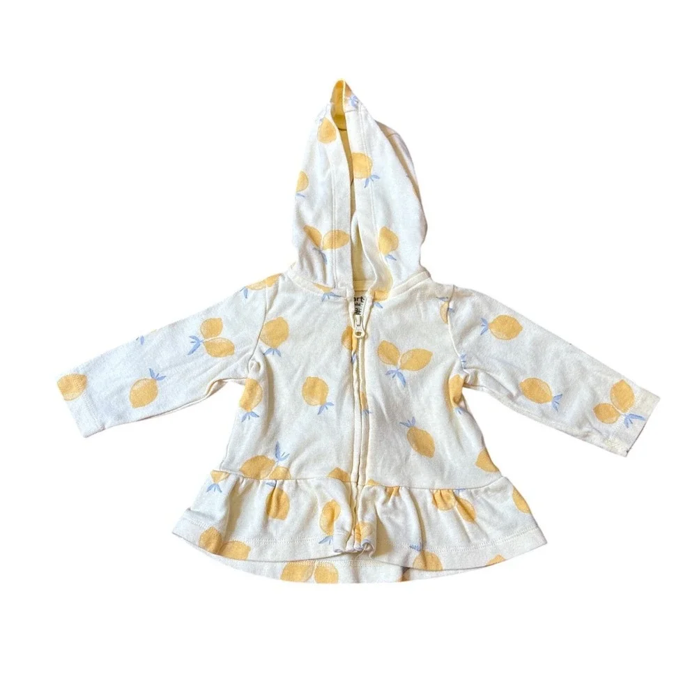 Carter's Zip Up Hoodie Baby Girl Yellow Lemon Peplum‎ Ruffle SIZE 3-6M
